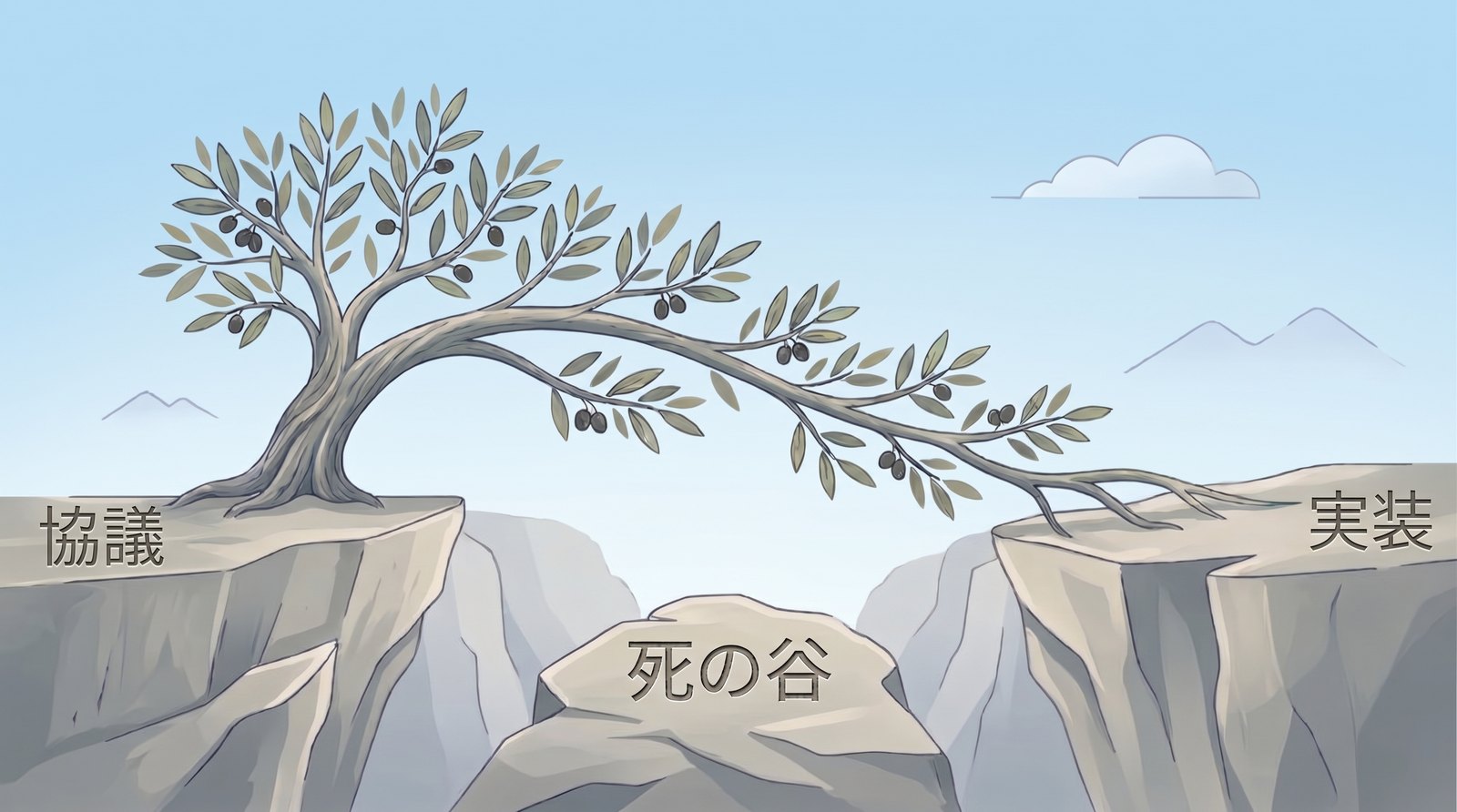 「協議」の崖から「実装」の崖へ、死の谷を越えてオリーブの木が枝を伸ばし橋になっているイラスト