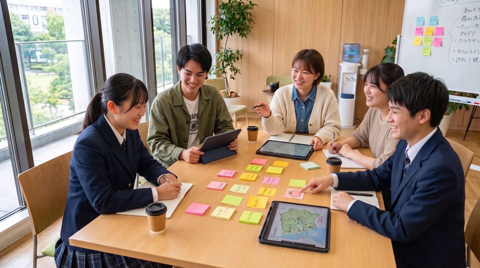 高校生と大学生・大学職員が付箋を使って岡山の地域課題を話し合っている様子