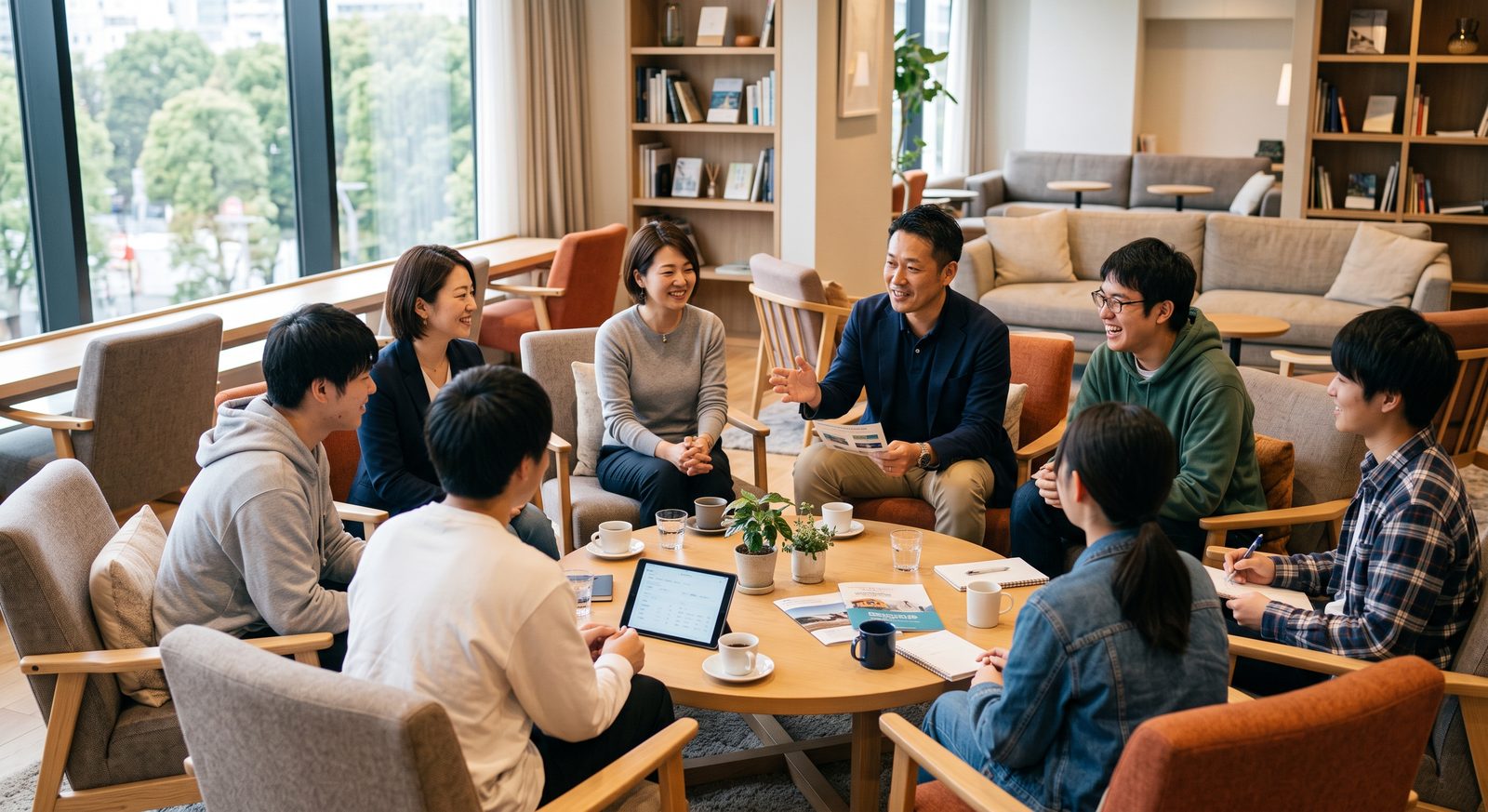 学生・大学職員・企業関係者が輪になって語り合っている様子